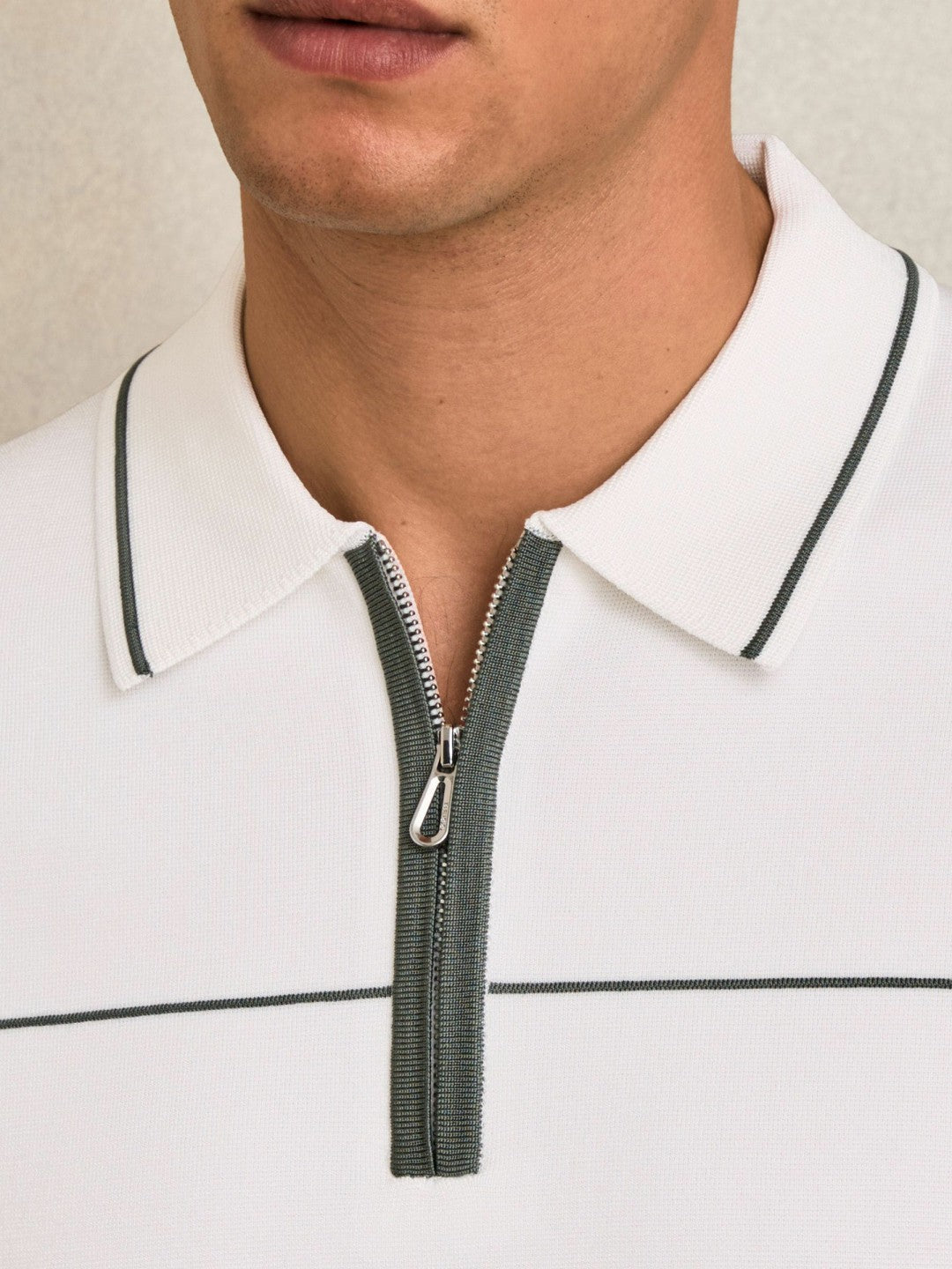Half Zip Tipped Polo Shirt in White/Green | Reiss Men Premium