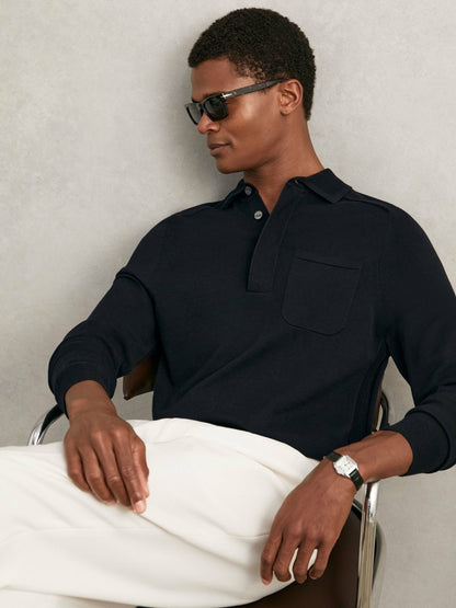 Cotton Concealed Placket Polo Shirt in Navy | Reiss Men Featured