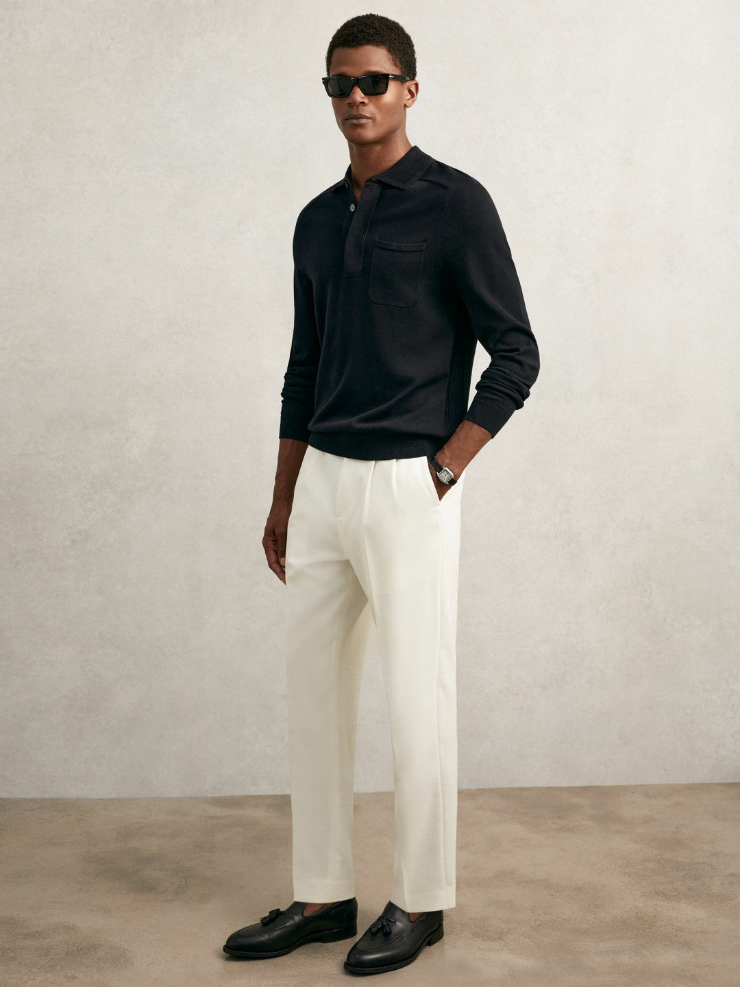 Cotton Concealed Placket Polo Shirt in Navy | Reiss Men Featured