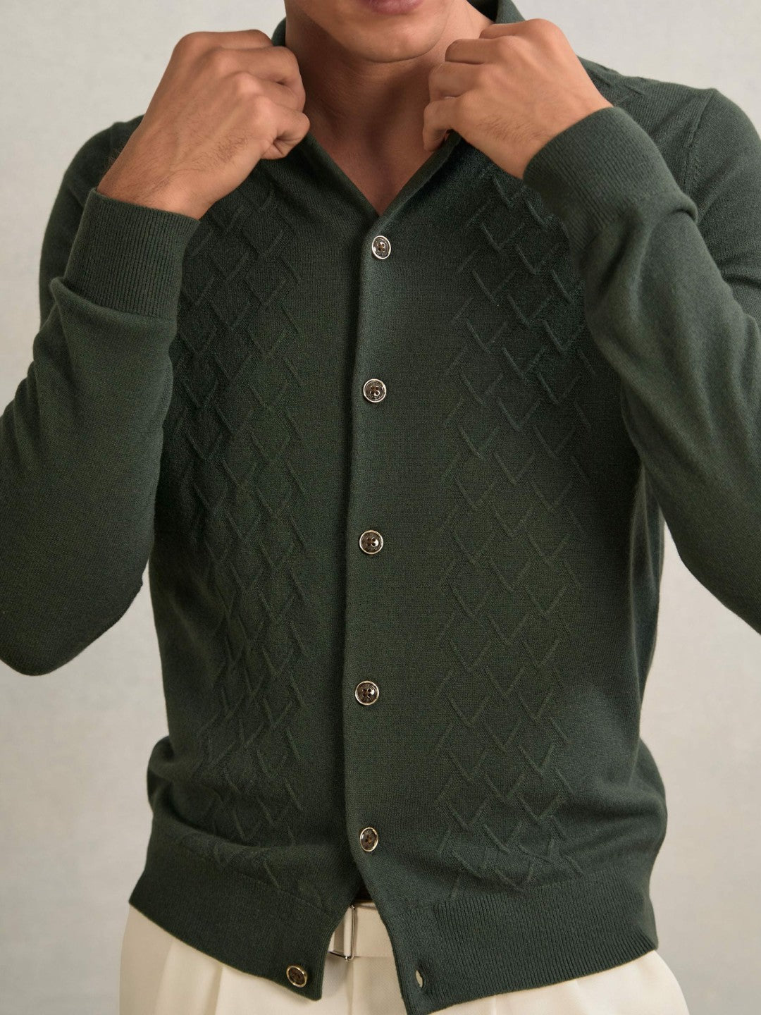 Wool V-Stitch Button-Through Cardigan in Forest Green | Reiss Men Recommended