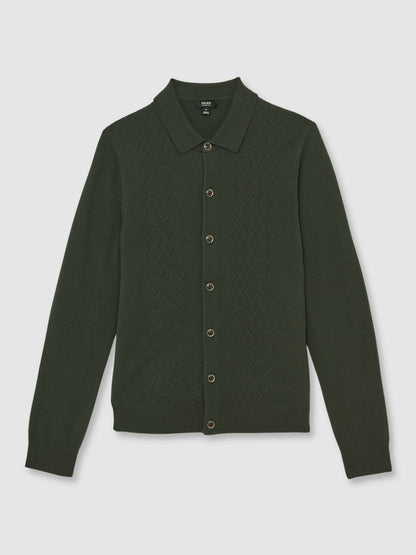 Wool V-Stitch Button-Through Cardigan in Forest Green | Reiss Men Recommended