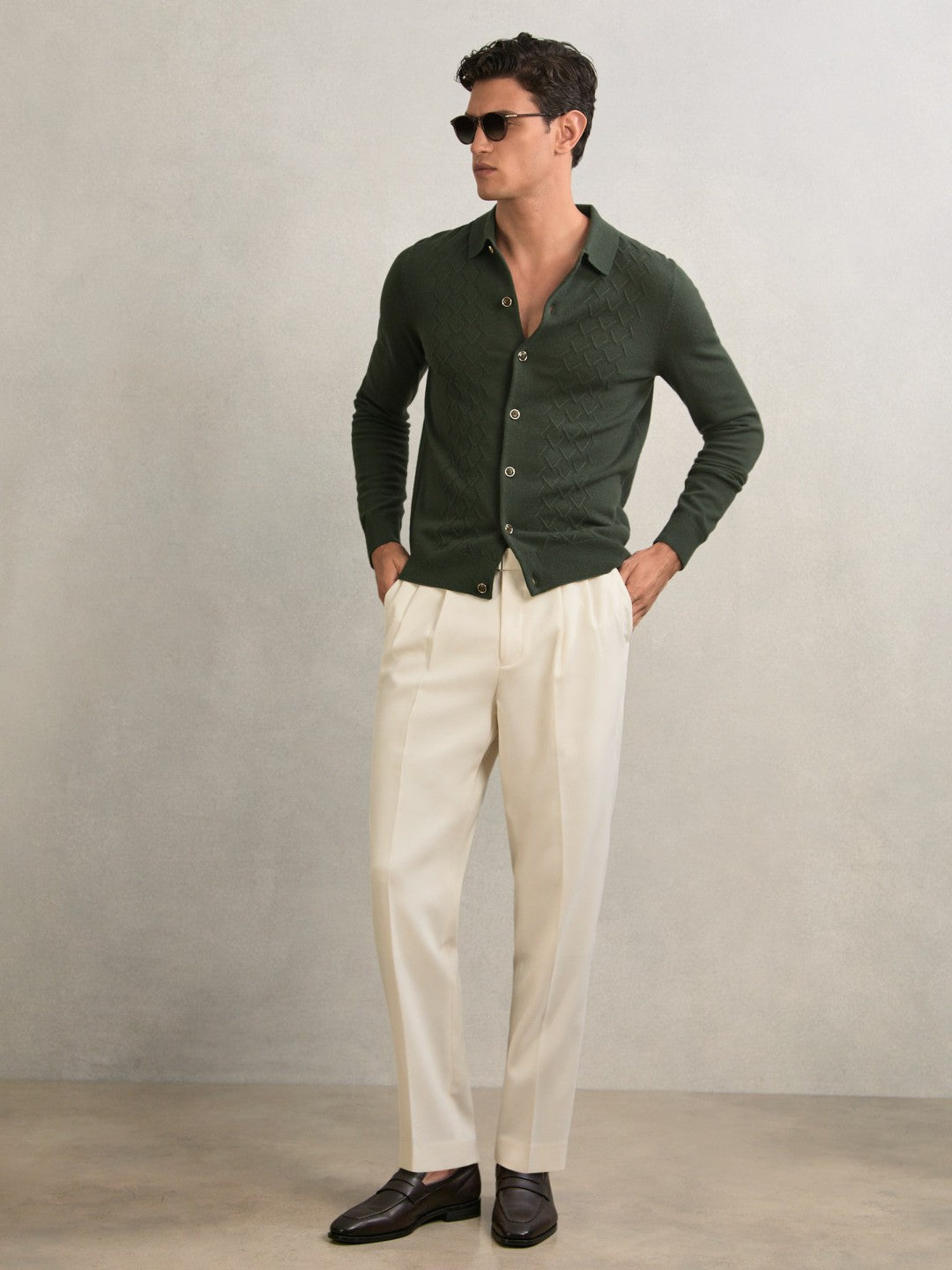 Wool V-Stitch Button-Through Cardigan in Forest Green | Reiss Men Recommended