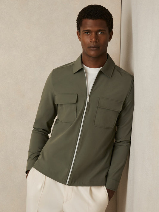 Technical Zip-Through Overshirt in Green | Reiss Men Best Seller