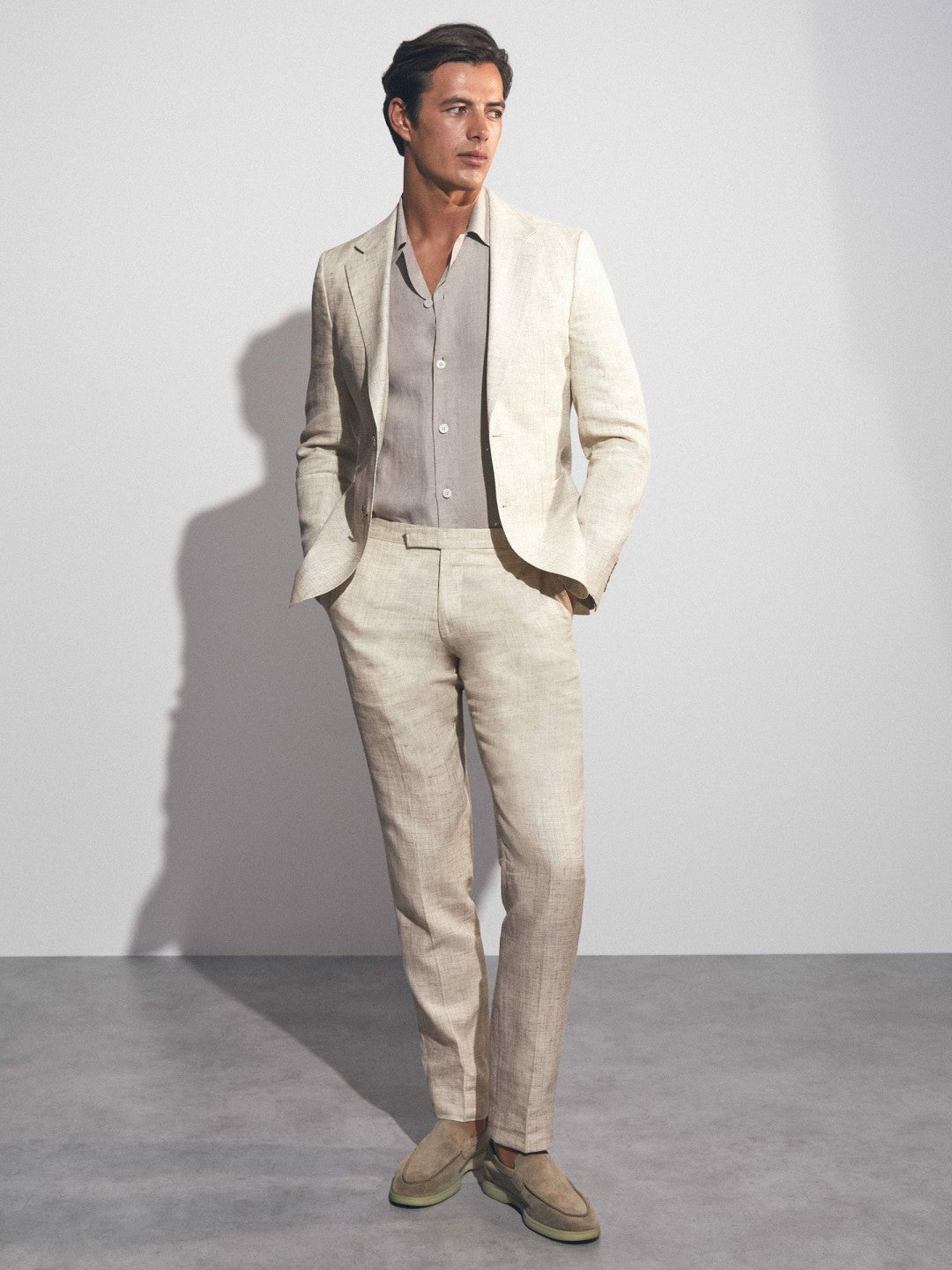 Linen-Cotton Slim-Fit Suit Trousers in Stone | Reiss Men Featured