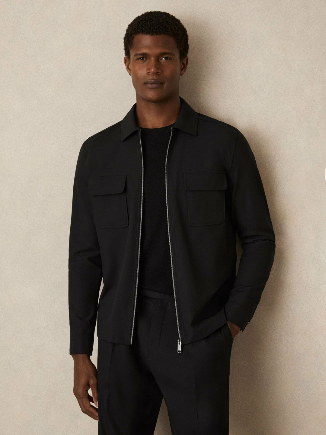 Technical Zip-Through Overshirt in Black | Reiss Men Featured