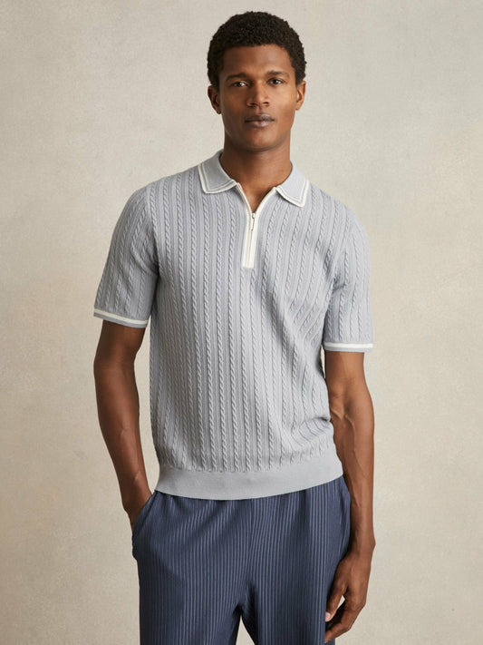 Micro-Cable Half-Zip Polo Shirt in Soft Blue | Reiss Men New