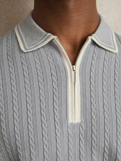 Micro-Cable Half-Zip Polo Shirt in Soft Blue | Reiss Men New