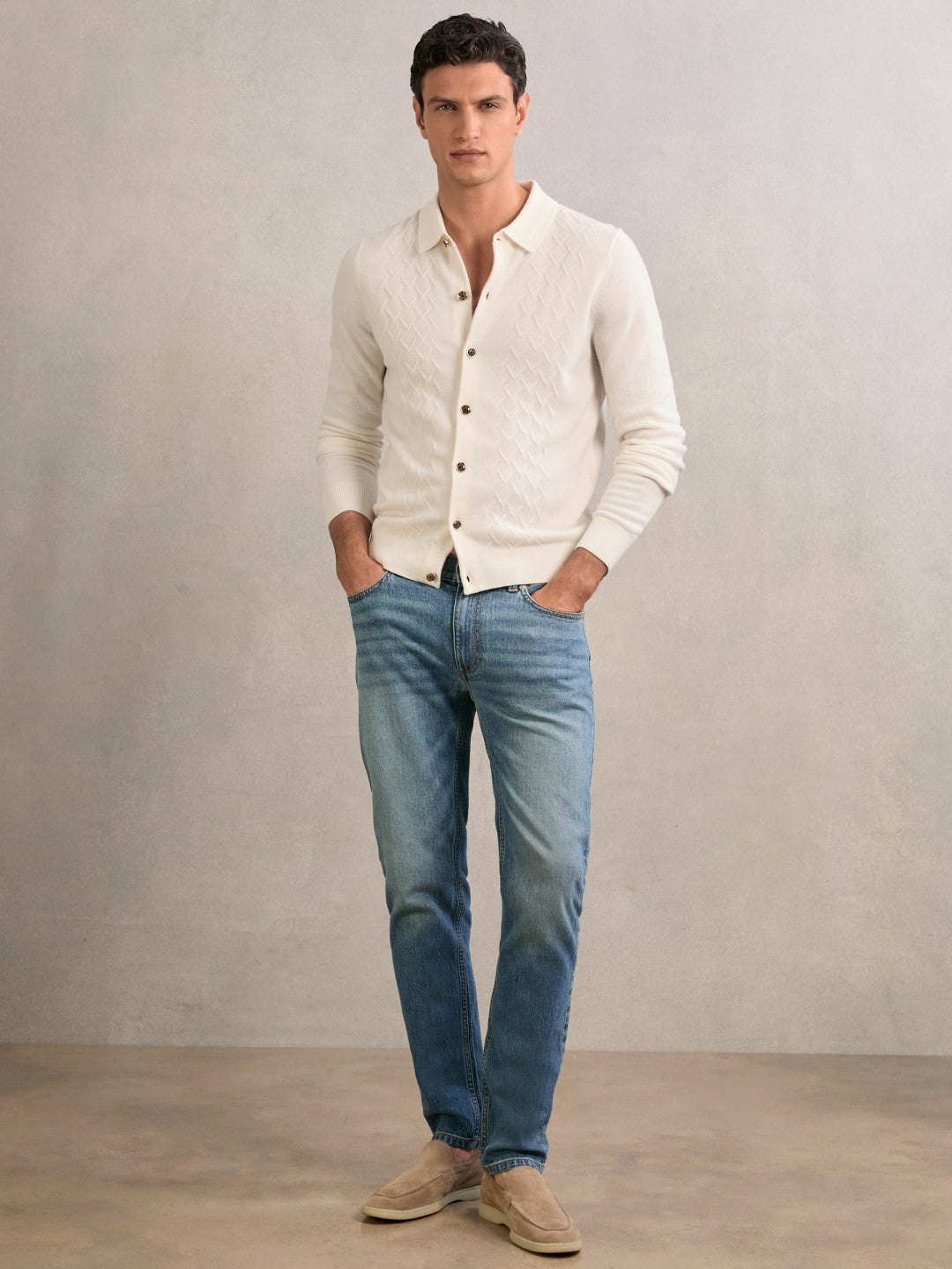 Wool V-Stitch Button-Through Cardigan in Off White | Reiss Men Featured