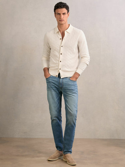 Wool V-Stitch Button-Through Cardigan in Off White | Reiss Men Featured