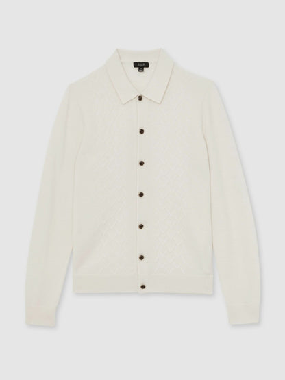 Wool V-Stitch Button-Through Cardigan in Off White | Reiss Men Featured