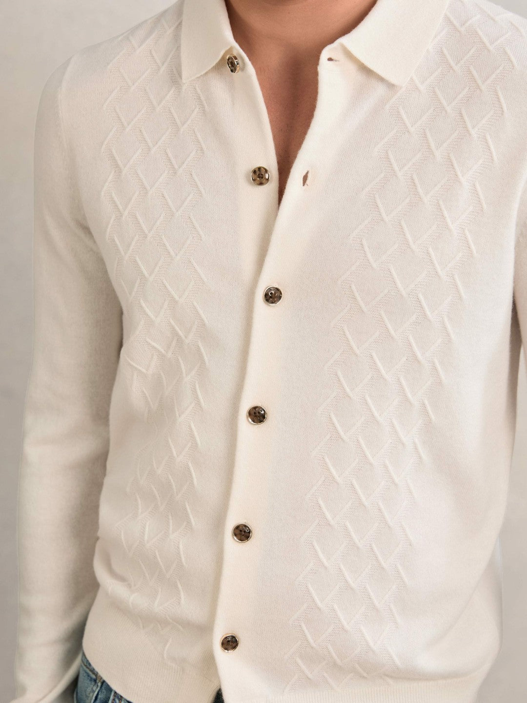 Wool V-Stitch Button-Through Cardigan in Off White | Reiss Men Featured