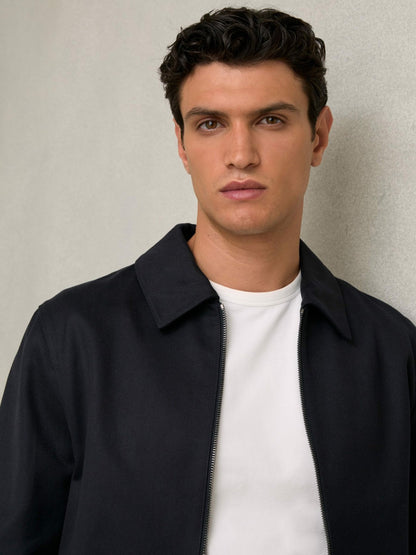 Lyocell-Cotton Zip-Through Twill Jacket in Navy | Reiss Men Best Seller