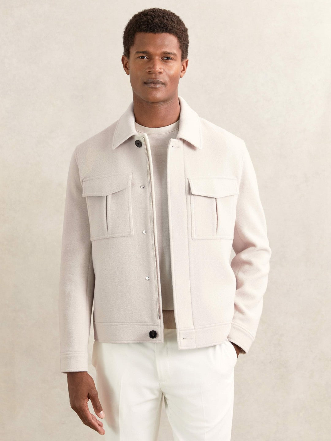 Wool Blend Twin Pocket Zipped Jacket in Ivory | Reiss Men Recommended