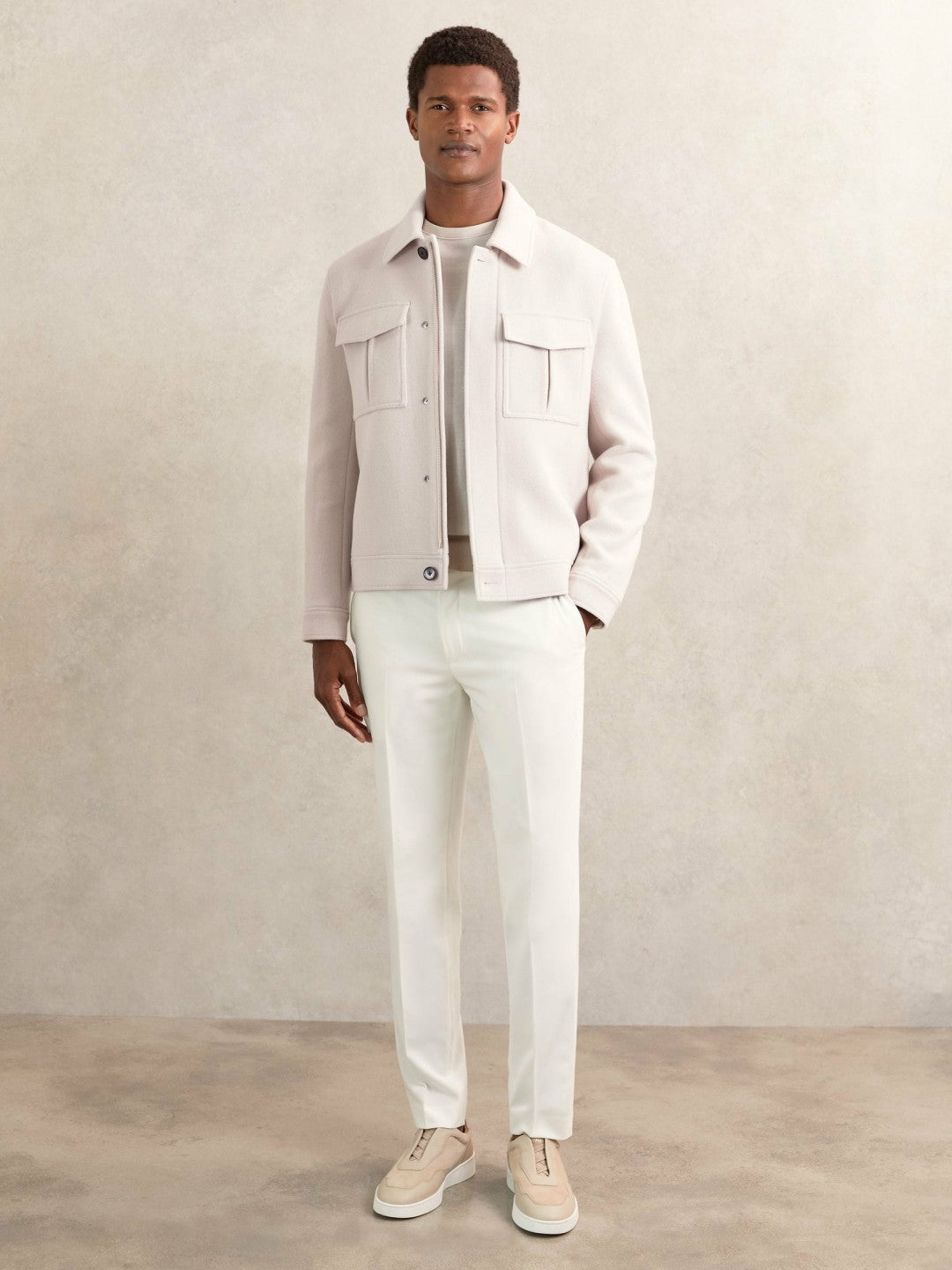Wool Blend Twin Pocket Zipped Jacket in Ivory | Reiss Men Recommended