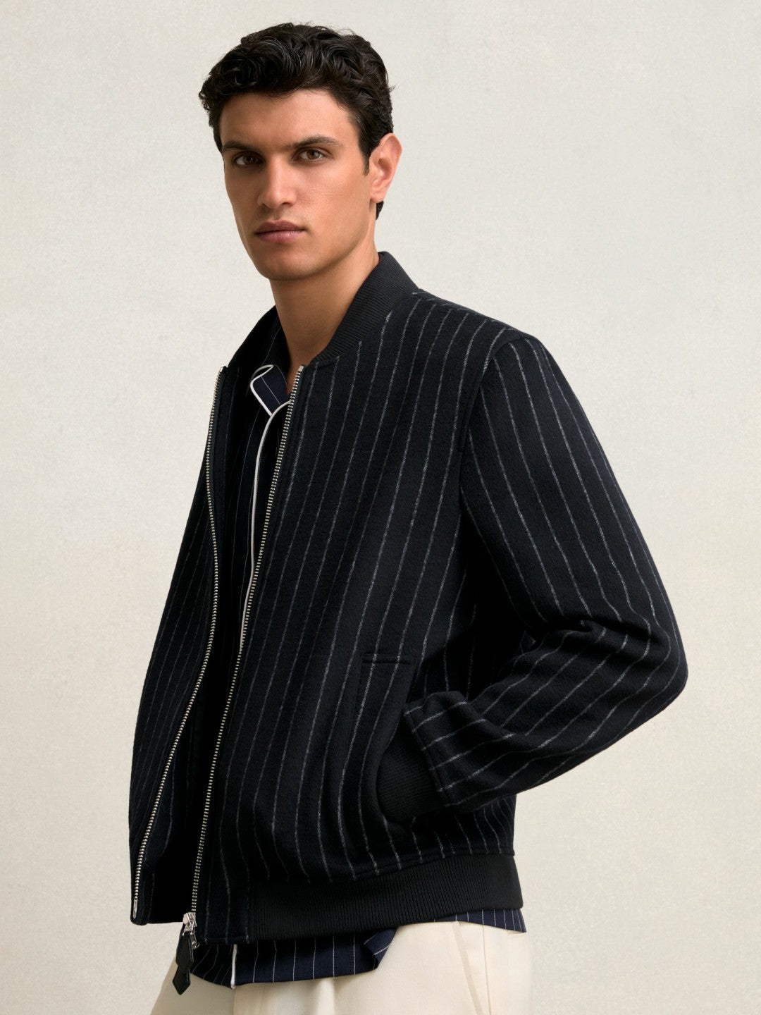 Wool-Blend Chalk-Stripe Bomber Jacket in Navy | Reiss Men Best Seller
