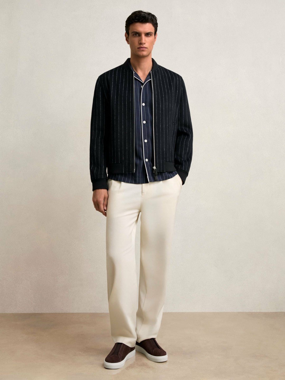 Wool-Blend Chalk-Stripe Bomber Jacket in Navy | Reiss Men Best Seller