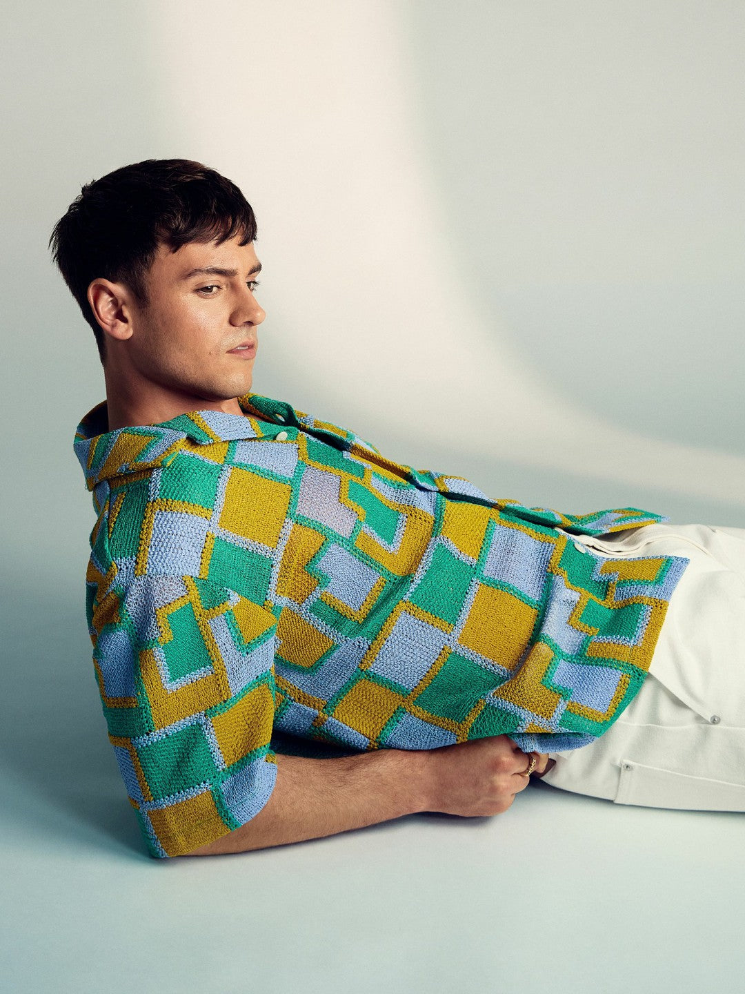 | Tom Daley Tile Crochet Shirt in Yellow/Green/Blue Multi | Reiss Men Signature