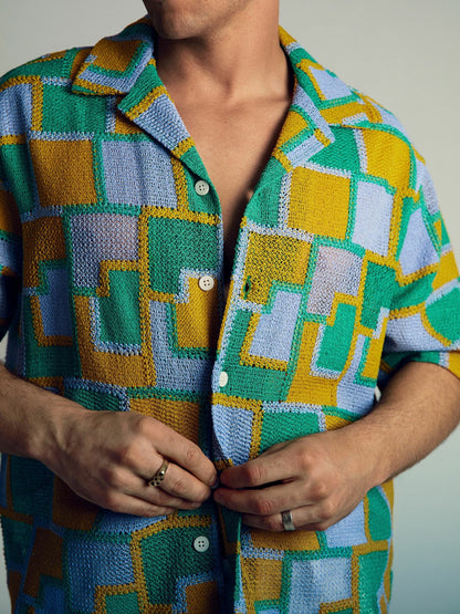 | Tom Daley Tile Crochet Shirt in Yellow/Green/Blue Multi | Reiss Men Signature