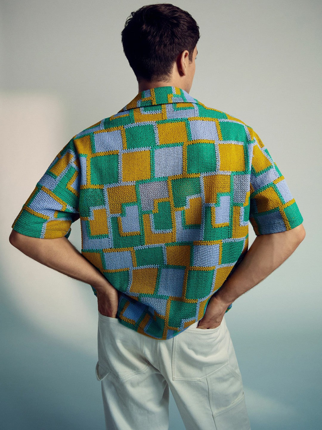 | Tom Daley Tile Crochet Shirt in Yellow/Green/Blue Multi | Reiss Men Signature