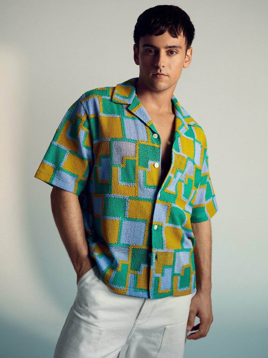 | Tom Daley Tile Crochet Shirt in Yellow/Green/Blue Multi | Reiss Men Signature