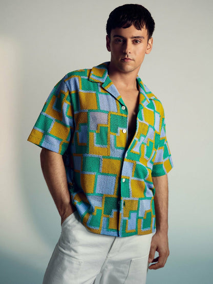 | Tom Daley Tile Crochet Shirt in Yellow/Green/Blue Multi | Reiss Men Signature