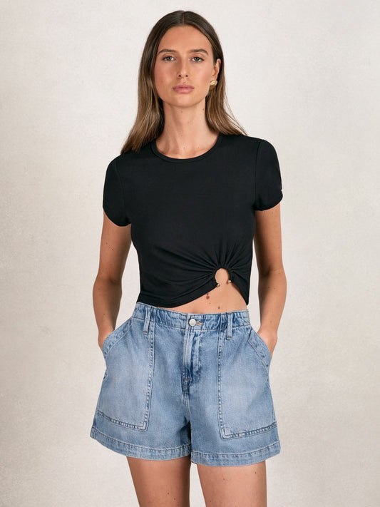 Good American Denim Shorts With Linen in Indigo Blue | Reiss Women Premium