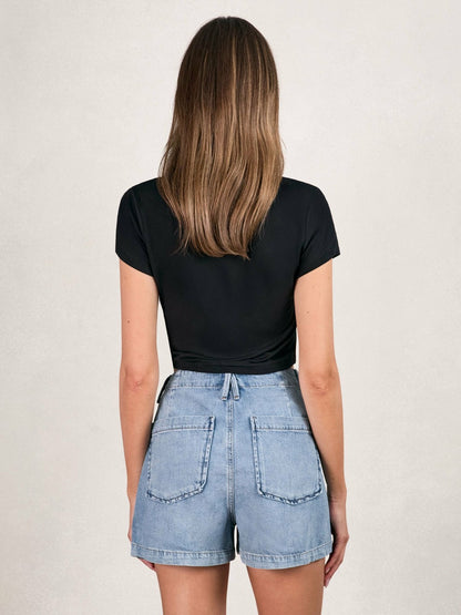 Good American Denim Shorts With Linen in Indigo Blue | Reiss Women Premium