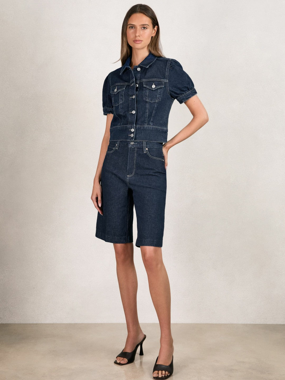 Paige Denim Bermuda Shorts in Navy | Reiss Women Featured
