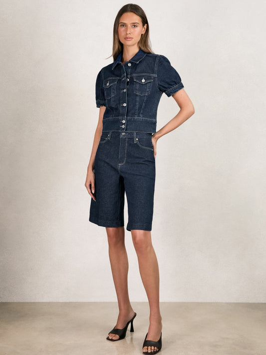 Paige Denim Bermuda Shorts in Navy | Reiss Women Featured