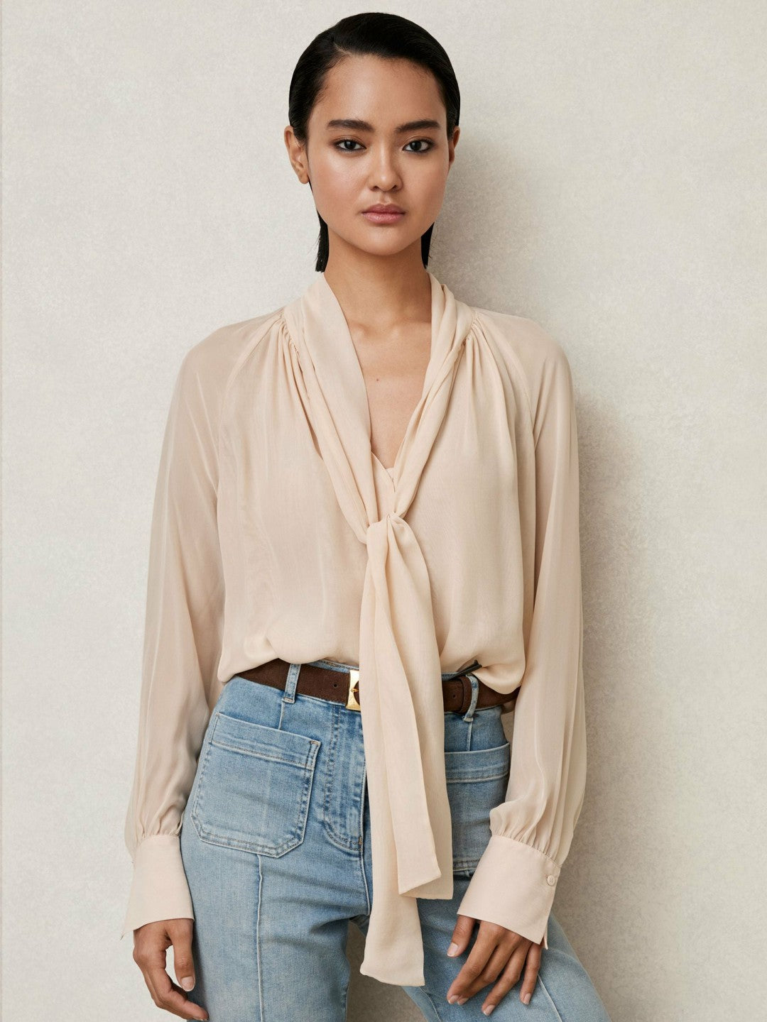 Silk Blend Chiffon Tie-Neck Blouse in Pale Pink | Reiss Women New