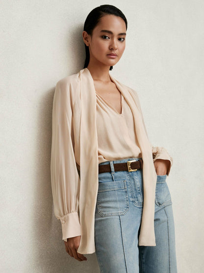 Silk Blend Chiffon Tie-Neck Blouse in Pale Pink | Reiss Women New