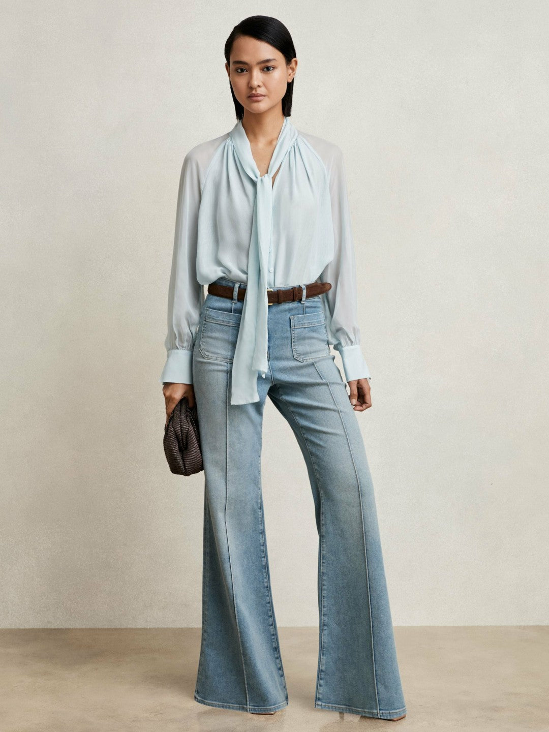Silk Blend Chiffon Tie-Neck Blouse in Pale Blue | Reiss Women Best Seller
