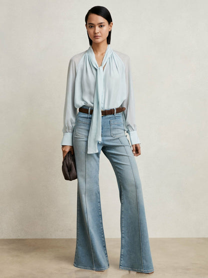 Silk Blend Chiffon Tie-Neck Blouse in Pale Blue | Reiss Women Best Seller
