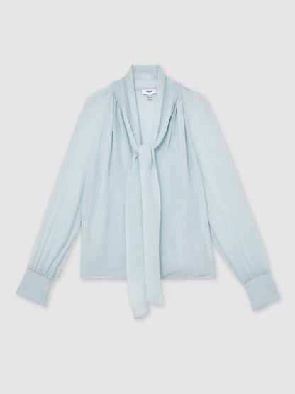 Silk Blend Chiffon Tie-Neck Blouse in Pale Blue | Reiss Women Best Seller