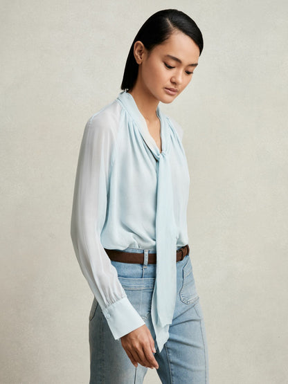 Silk Blend Chiffon Tie-Neck Blouse in Pale Blue | Reiss Women Best Seller