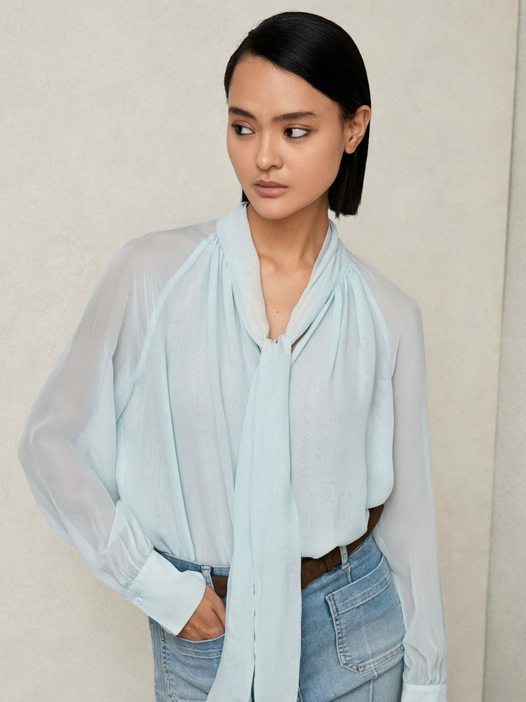 Silk Blend Chiffon Tie-Neck Blouse in Pale Blue | Reiss Women Best Seller