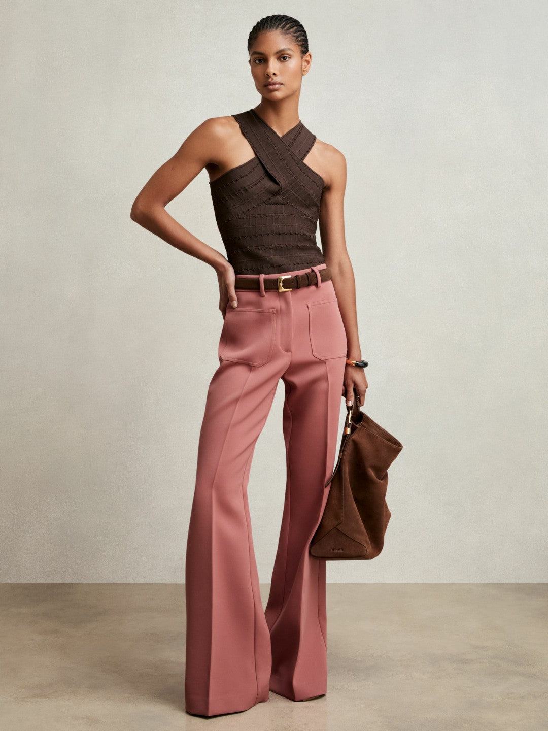 Twill Patch-Pocket Flared Trousers in Pink | Reiss Women Trending