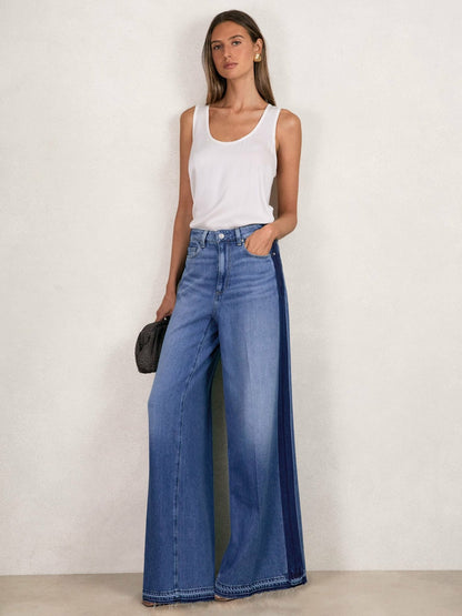 Paige Side Stripe Wide Leg Jeans in Navy/Blue Stripe | Reiss Women Best Seller