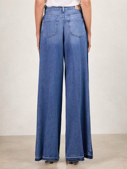 Paige Side Stripe Wide Leg Jeans in Navy/Blue Stripe | Reiss Women Best Seller