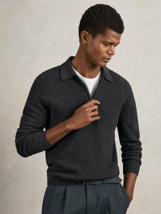 Wool Waffle-Knit Half-Zip Polo Shirt in Charcoal Grey | Reiss Men Popular