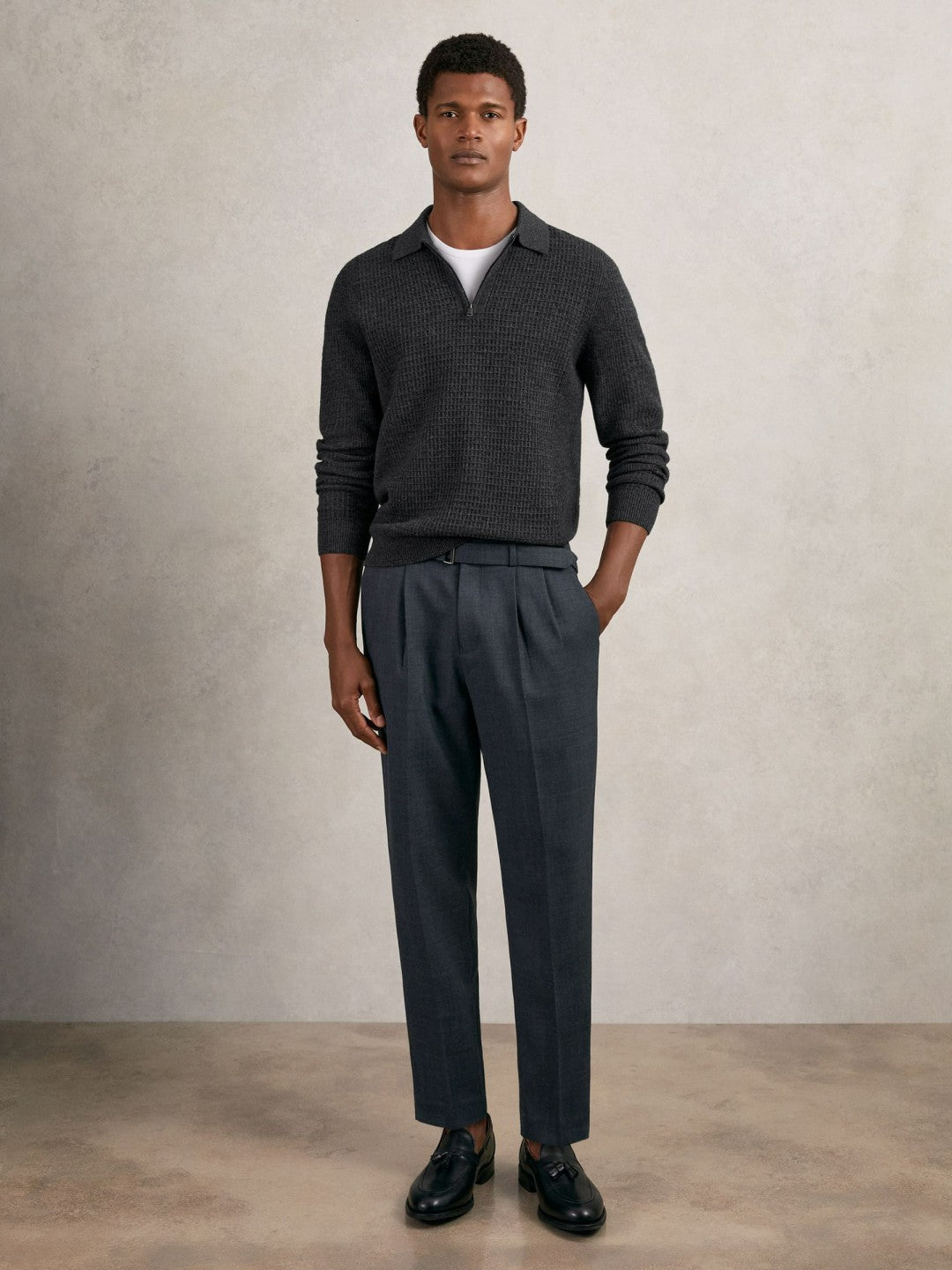 Wool Waffle-Knit Half-Zip Polo Shirt in Charcoal Grey | Reiss Men Popular