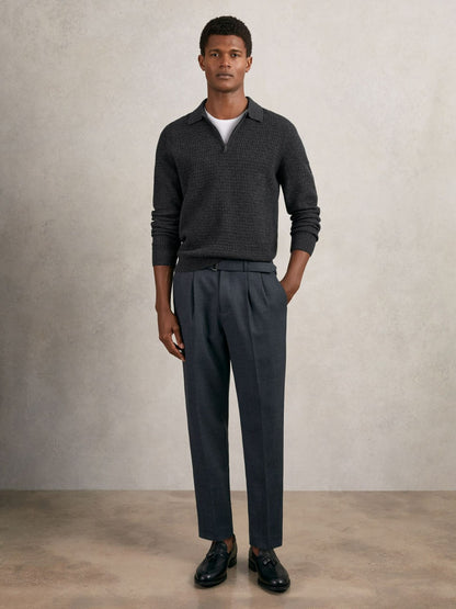 Wool Waffle-Knit Half-Zip Polo Shirt in Charcoal Grey | Reiss Men Popular