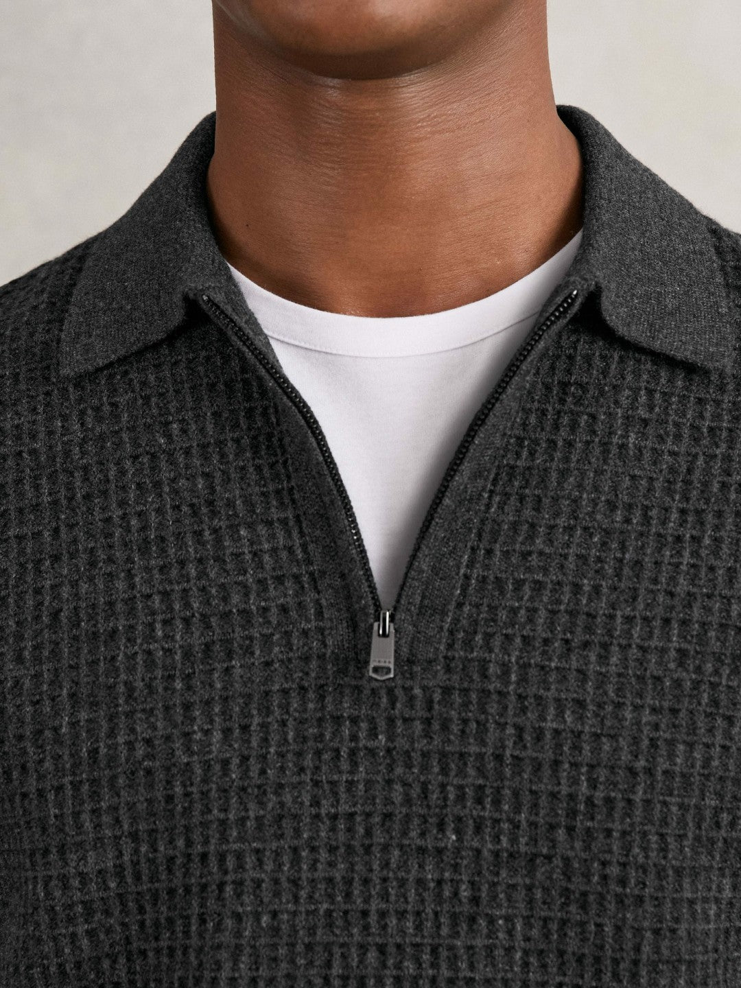 Wool Waffle-Knit Half-Zip Polo Shirt in Charcoal Grey | Reiss Men Popular
