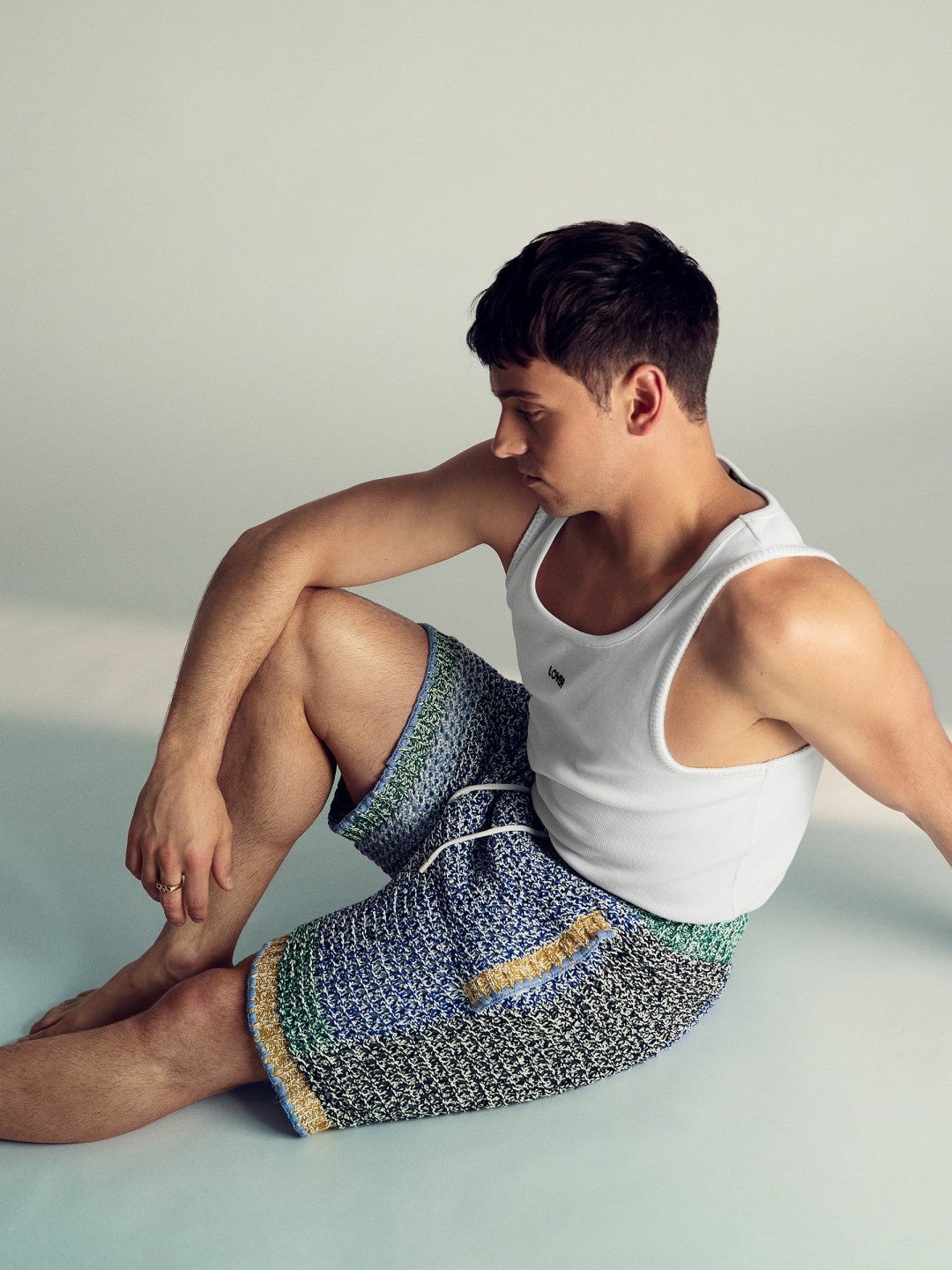 | Tom Daley Crochet Panel Shorts in Yellow/Green/Blue Multi | Reiss Men Trending