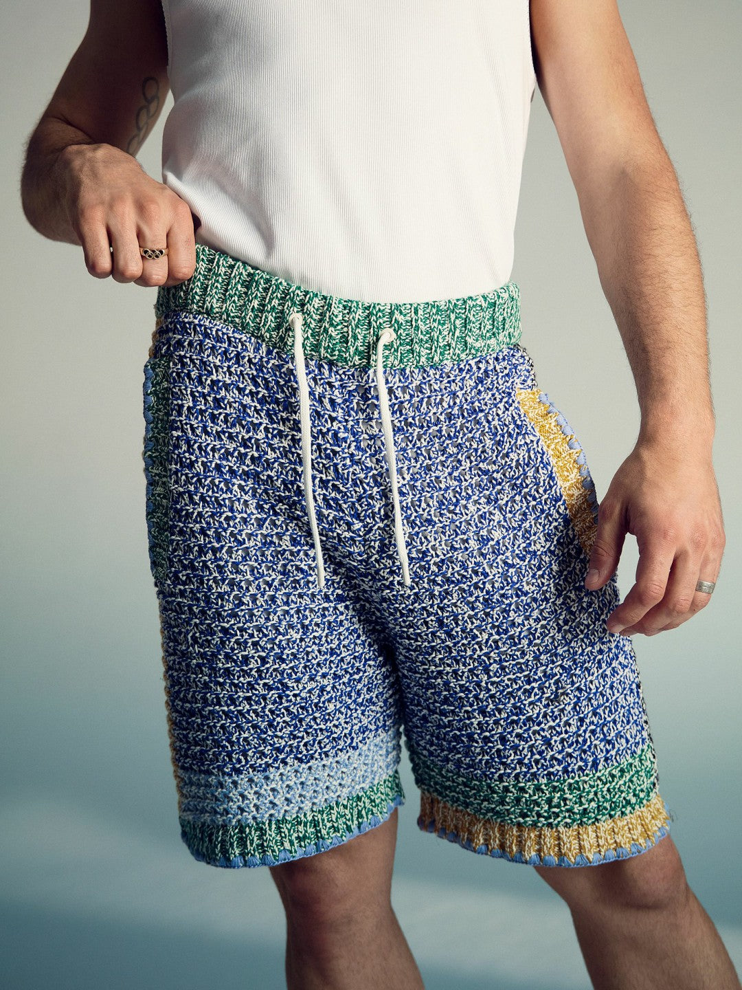 | Tom Daley Crochet Panel Shorts in Yellow/Green/Blue Multi | Reiss Men Trending