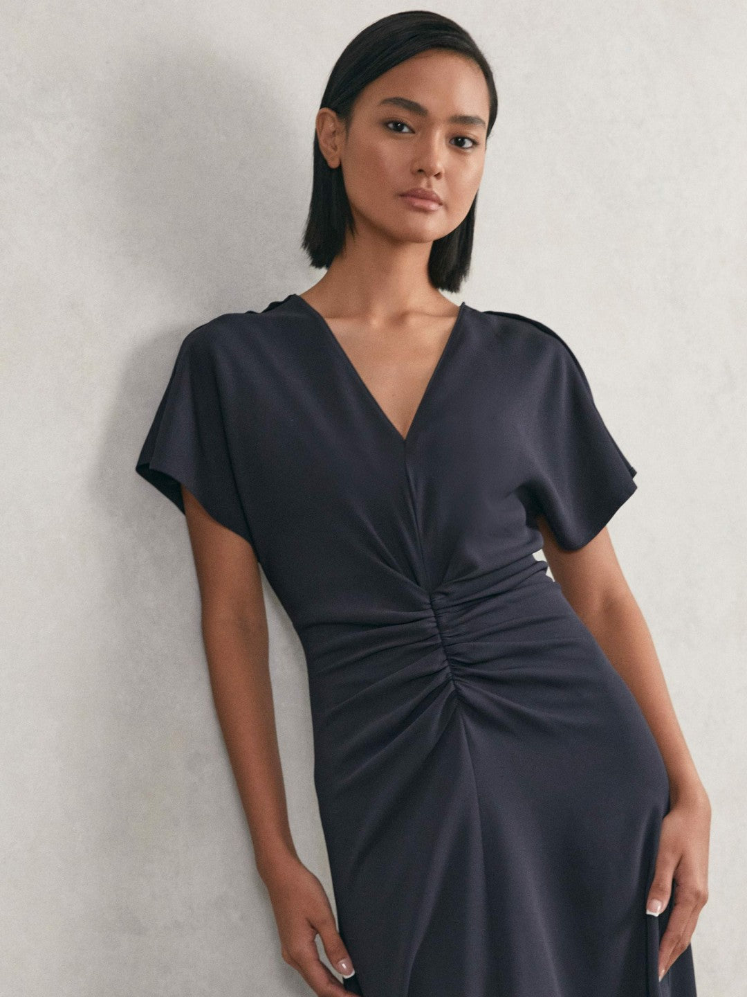 Petite Ruched-Front Midi Dress in Navy | Reiss Women Recommended