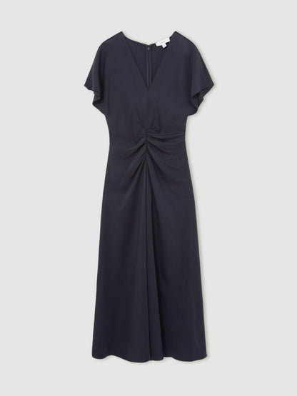 Petite Ruched-Front Midi Dress in Navy | Reiss Women Recommended