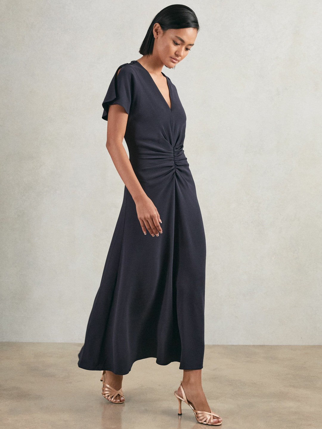 Petite Ruched-Front Midi Dress in Navy | Reiss Women Recommended