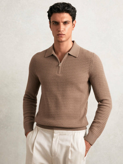 Wool Waffle-Knit Half-Zip Polo Shirt in Camel Brown | Reiss Men Featured