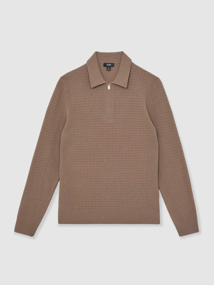 Wool Waffle-Knit Half-Zip Polo Shirt in Camel Brown | Reiss Men Featured